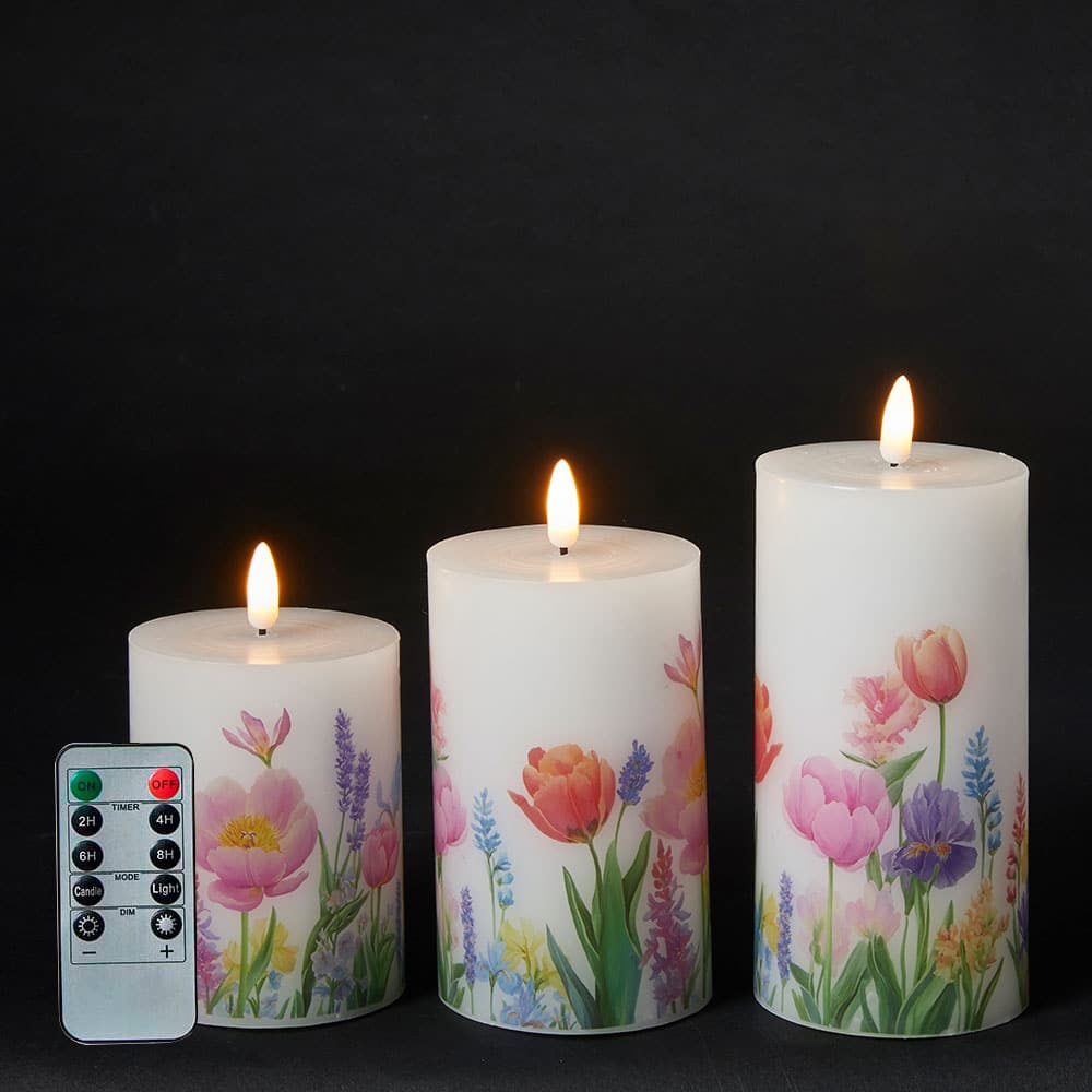 Dacore LED Bloklys – Sæt med 3 stk. Blomster 3D Væge Ø7,5 cm